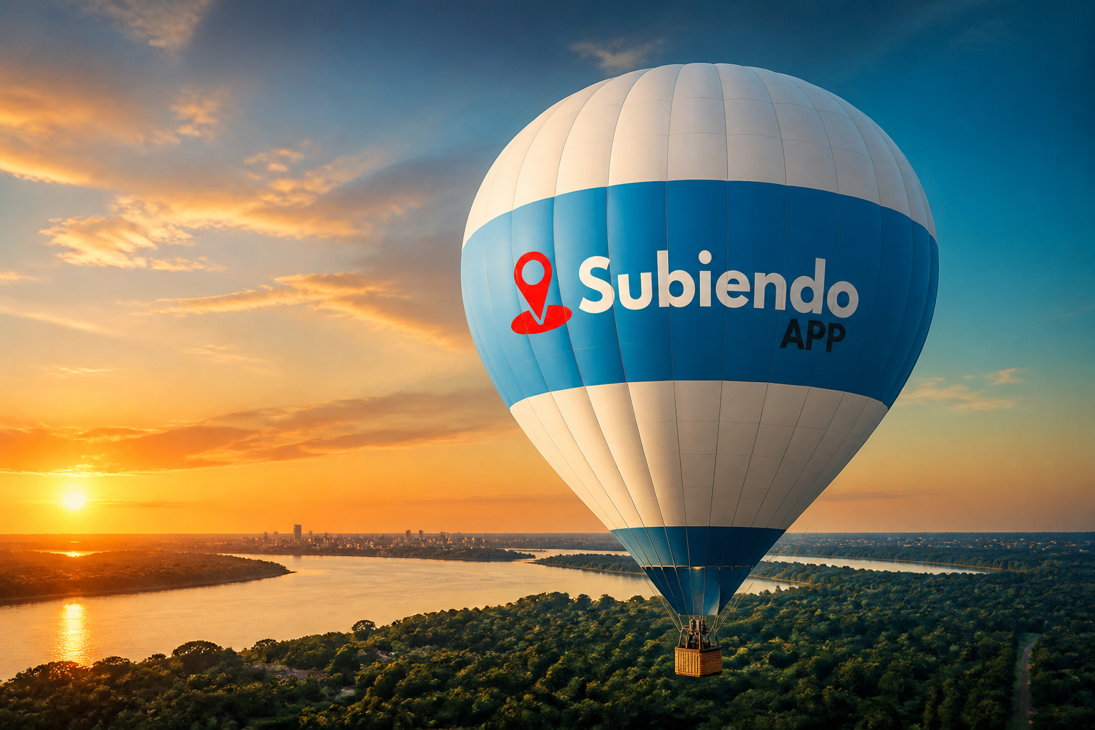 Globo aerostático Subiendo — publicidad visible en alto sobre Misiones